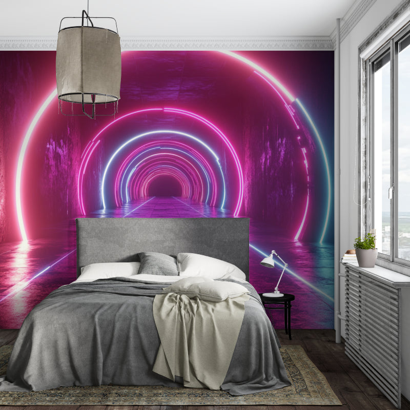 3D portal wallpaper installation in teen bedroom with neon accent lights
