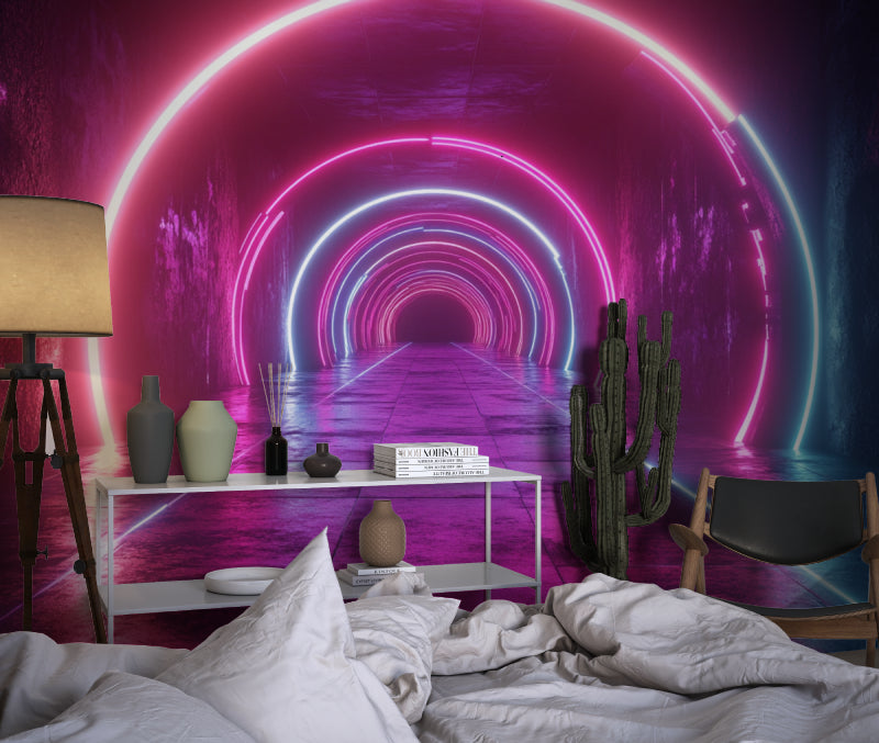 Neon tunnel design transforming basement entertainment room with glowing effects