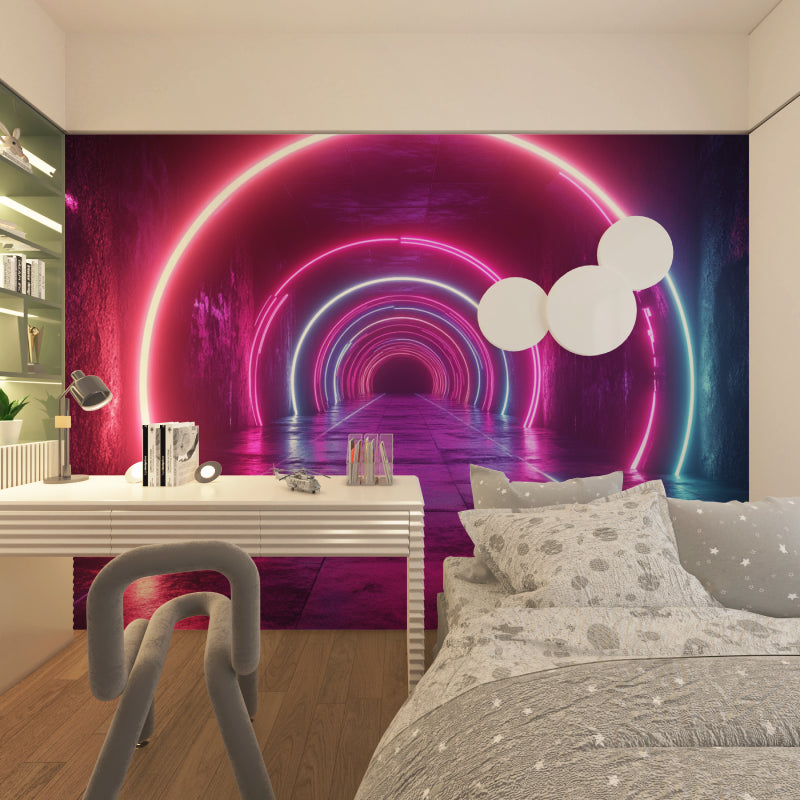 3D optical illusion mural in home theater showing dramatic lighting