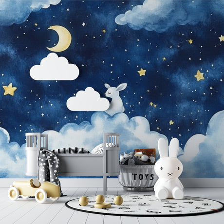 Night sky wallpaper with bunny and stars creating a magical atmosphere in a modern nursery