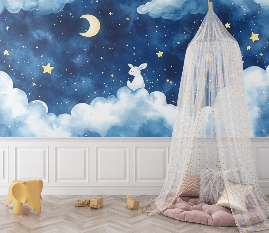 Dreamy bunny wallpaper transforming a kids bedroom with soft night sky design