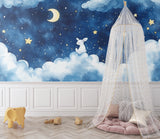 Dreamy bunny wallpaper transforming a kids bedroom with soft night sky design