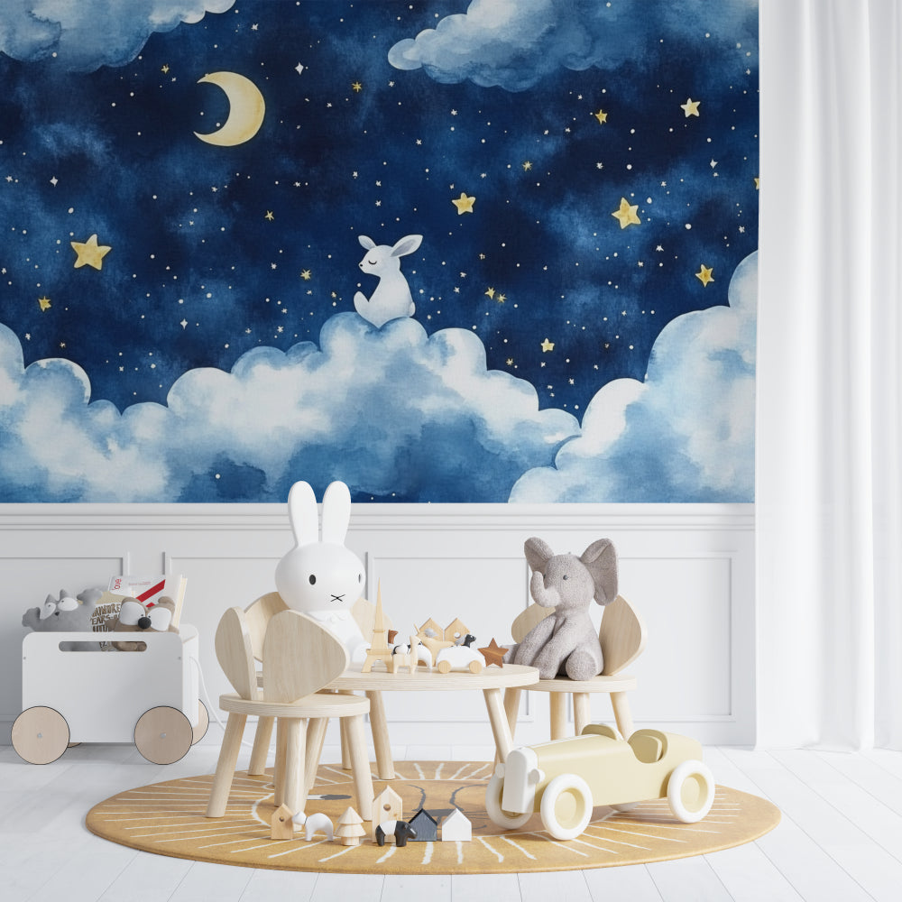 Starry night wallpaper with bunny bringing calm to a baby's nursery