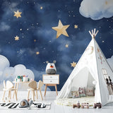 Night sky wallpaper creating a cozy atmosphere in a modern nursery with soft lighting