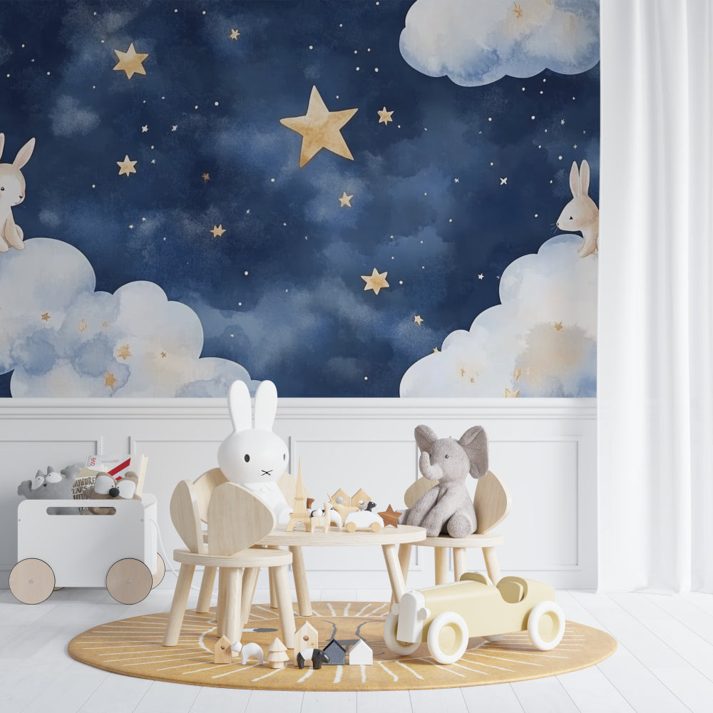 Starry night wall mural bringing magic to a children's reading nook