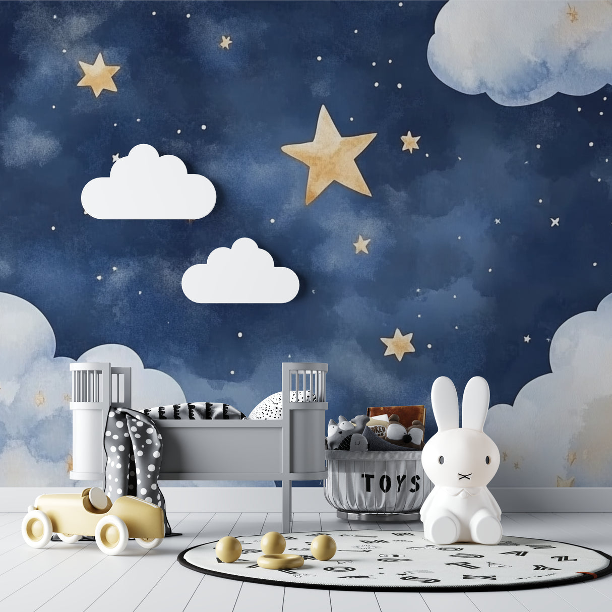 Celestial wallpaper transforming a teen bedroom with golden stars and clouds