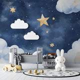 Celestial wallpaper transforming a teen bedroom with golden stars and clouds