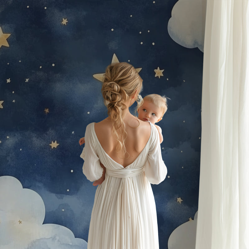 Night sky mural making a playroom ceiling feel like open stars