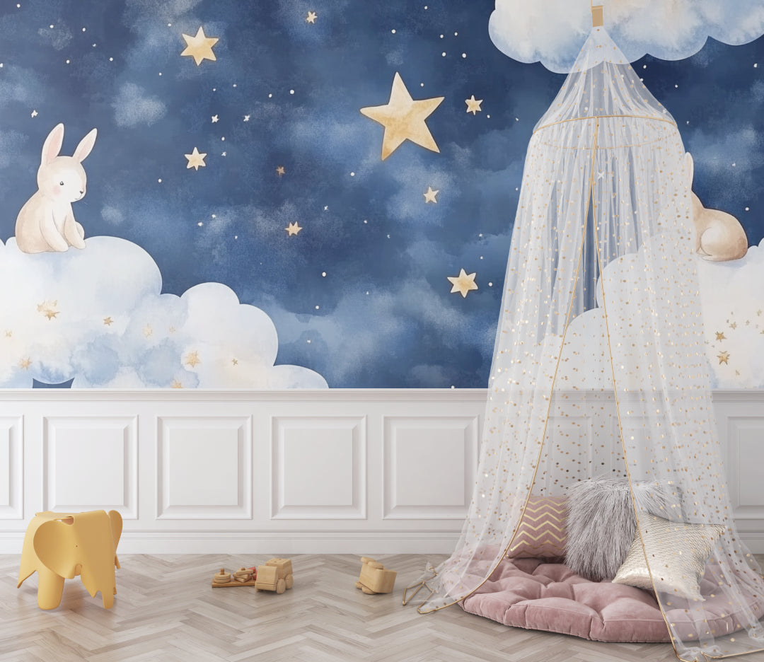 Stars and clouds wallpaper adding wonder to a baby's room