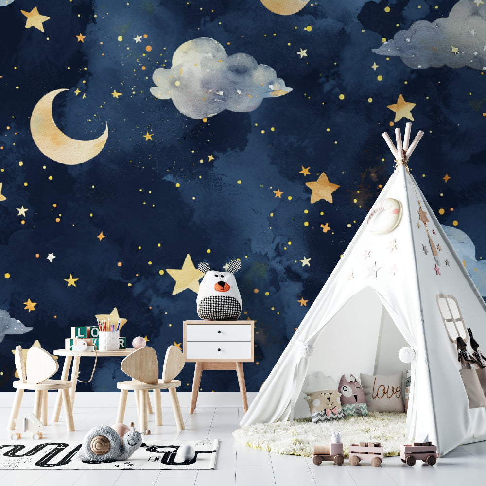 Night sky wallpaper creating magic in a cozy nursery with soft golden stars and moon details