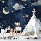 Night sky wallpaper creating magic in a cozy nursery with soft golden stars and moon details