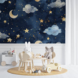 Celestial wall mural transforming a master bedroom with dreamy night sky design