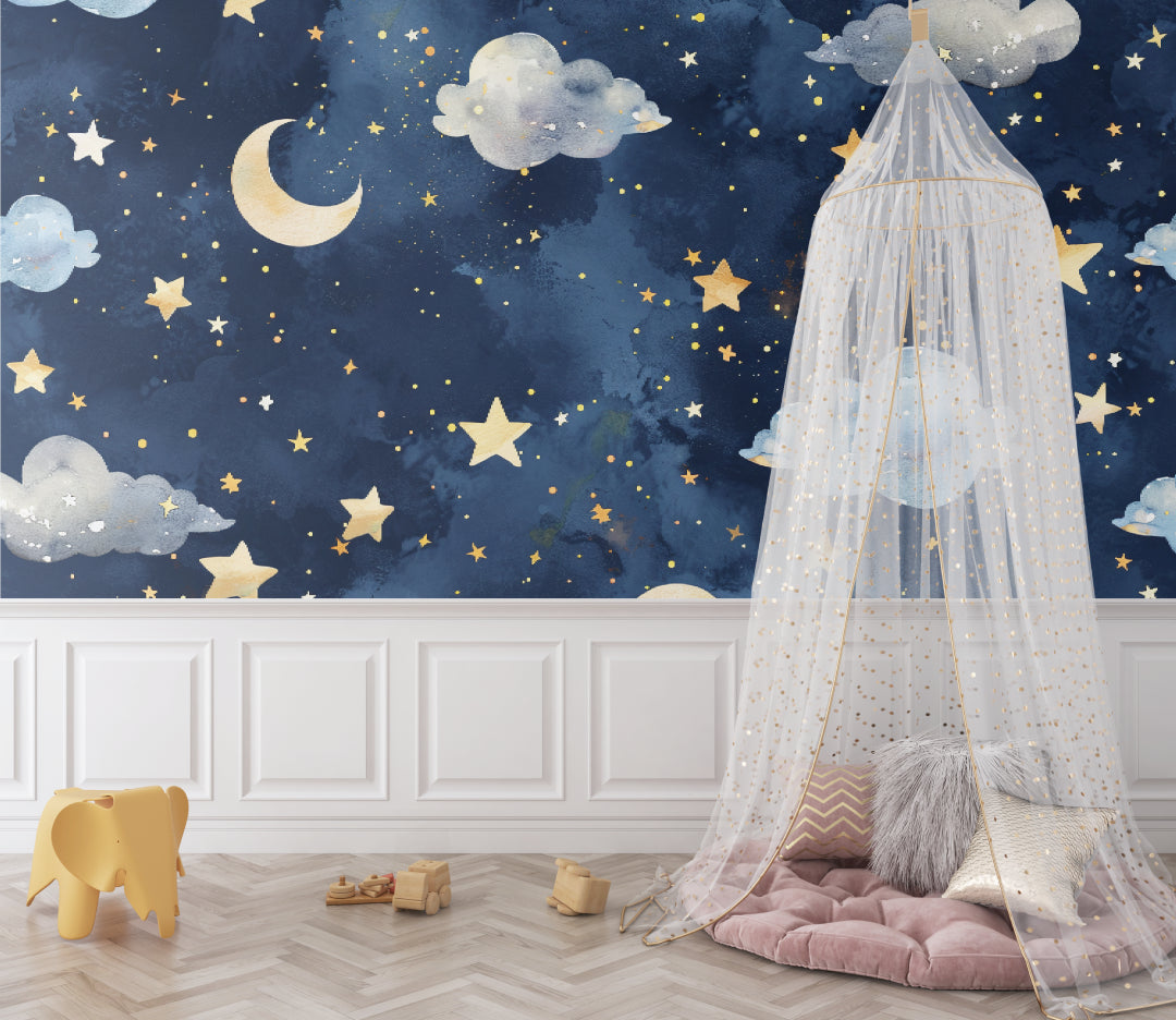 Moon and stars wallpaper adding wonder to a reading nook with gentle lighting