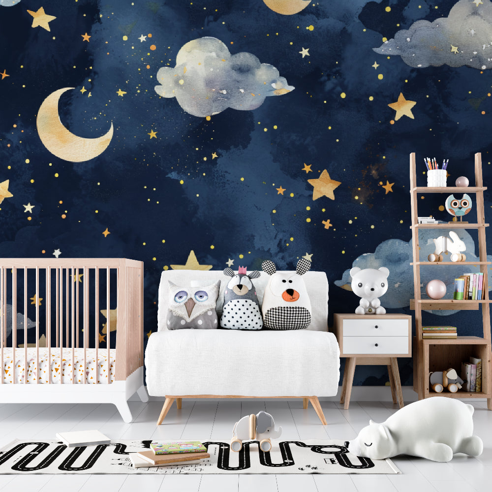 Starry night mural bringing calm to a children's bedroom with golden accents
