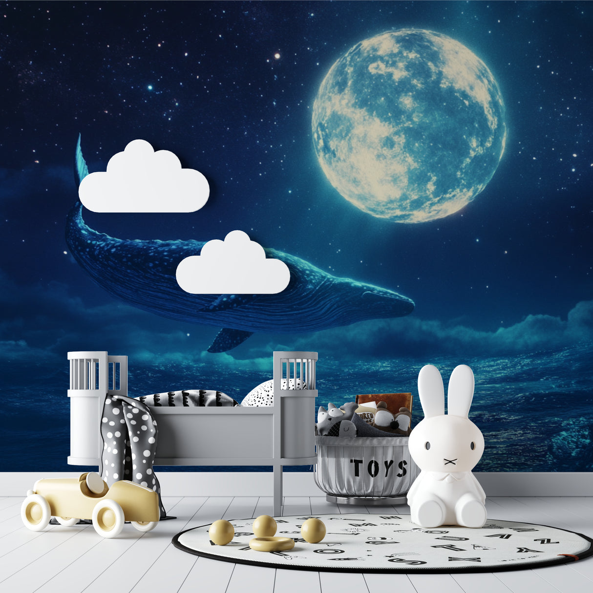Night sky whale wallpaper in cozy nursery with soft lighting showing floating whale and stars