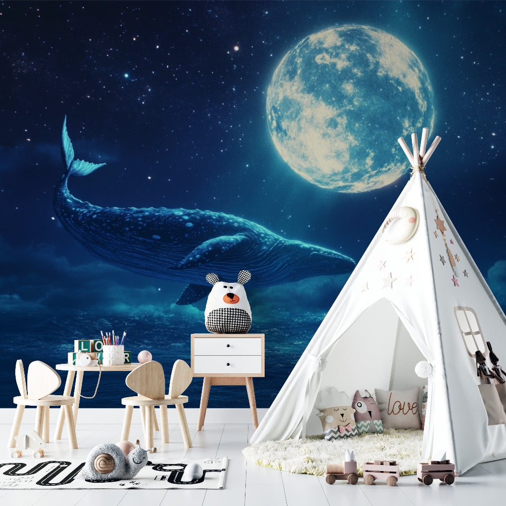 Dreamy whale mural in children's bedroom creating magical atmosphere