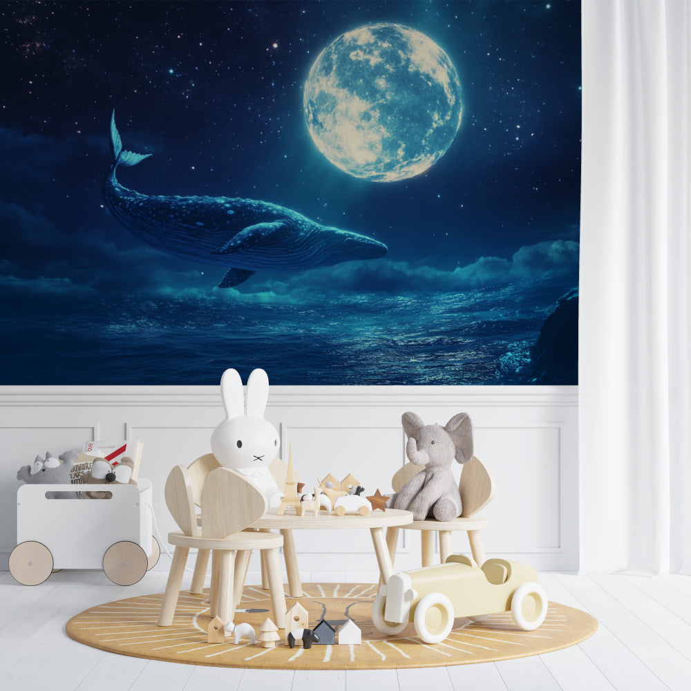 Whale and moon wallpaper in modern bedroom with ambient lighting