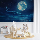 Whale and moon wallpaper in modern bedroom with ambient lighting