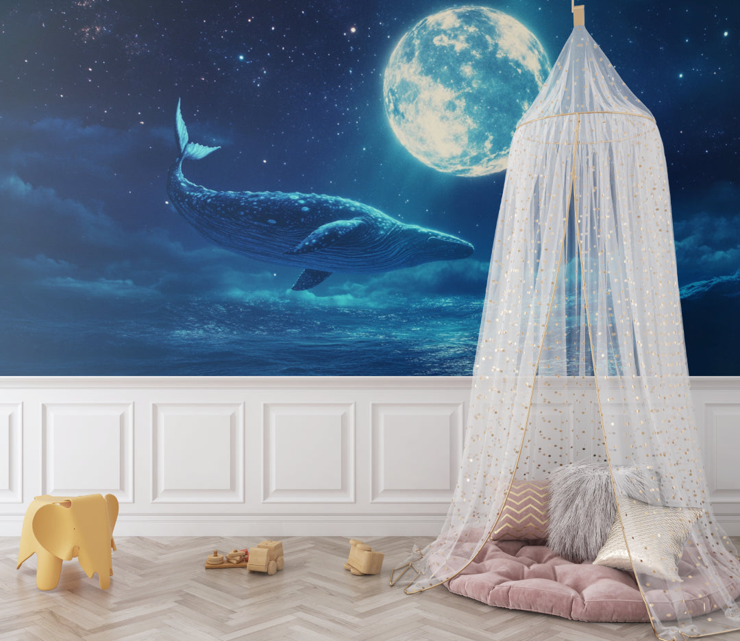 Marine night sky mural in reading nook showing detail of stars