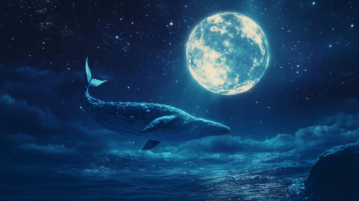Design file of floating whale and full moon pattern with starry night sky background