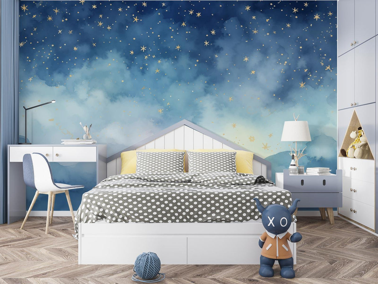 Night sky wallpaper creating a cozy atmosphere in a modern bedroom, golden stars shimmer against deep blue clouds