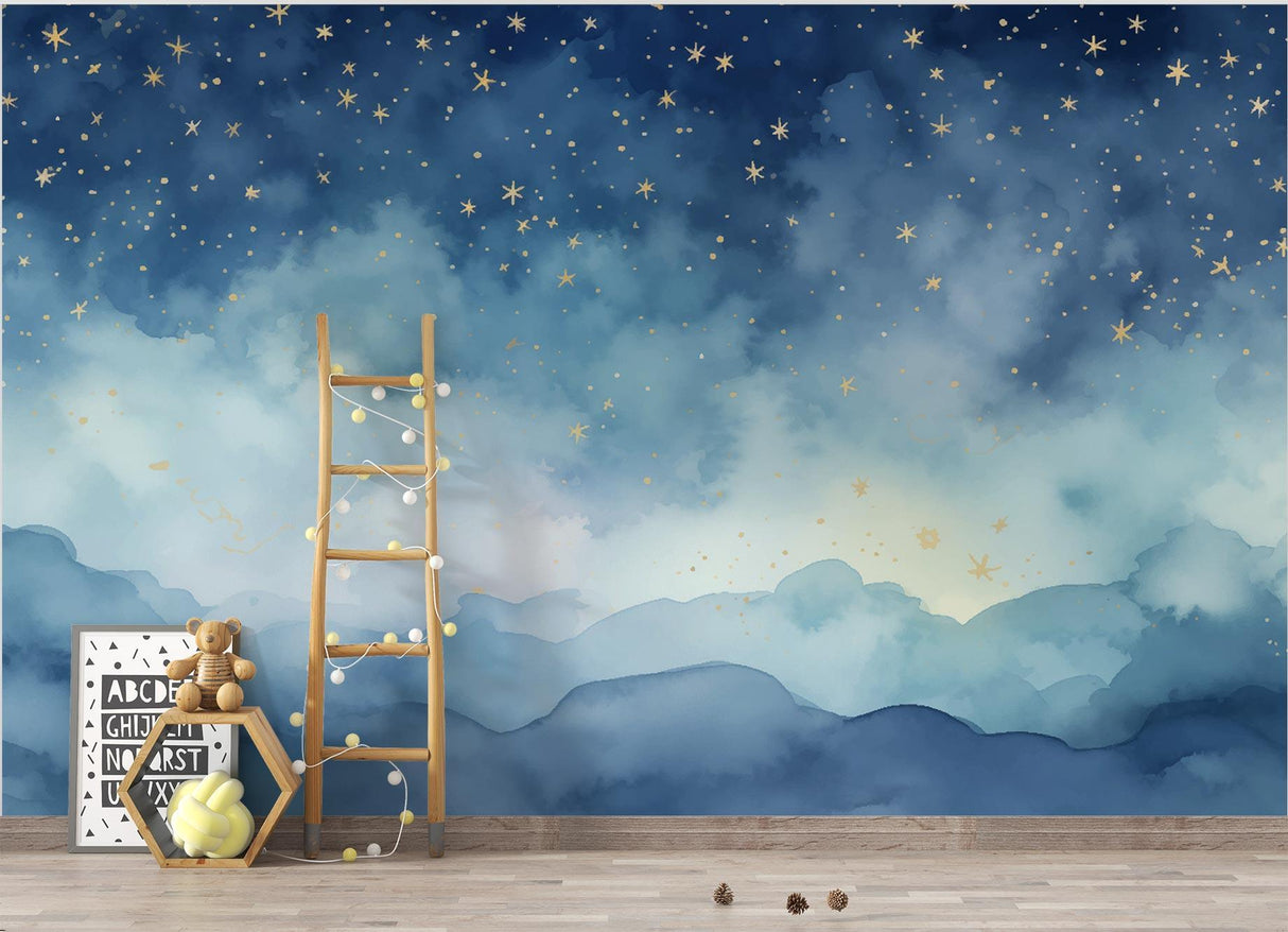 Celestial wall mural bringing magic to a nursery, with soft blue clouds and twinkling golden stars