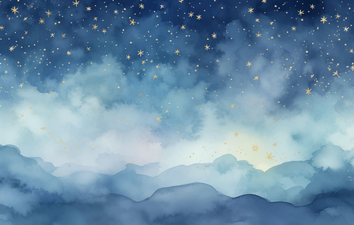 Night sky wallpaper design file showing detailed golden stars and watercolor blue clouds pattern