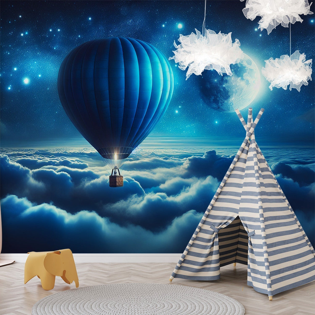 Hot air balloon night sky wallpaper creating a magical atmosphere in a cozy kids bedroom with soft lighting and sweet dreams