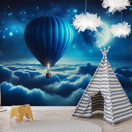 Hot air balloon night sky wallpaper creating a magical atmosphere in a cozy kids bedroom with soft lighting and sweet dreams
