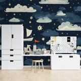 Modern nursery featuring nautical night sky wallpaper with dreamy star patterns