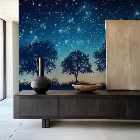 Night sky wallpaper creating a cozy atmosphere in a modern bedroom with soft lighting