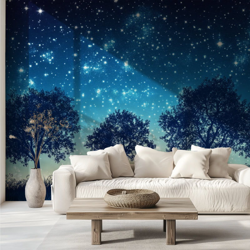 Night sky mural wallpaper transforming a living room into a stargazing space