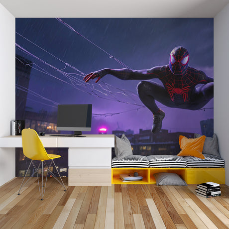 Purple superhero wallpaper creating dramatic atmosphere in modern teen bedroom with LED lighting