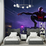 Night city superhero mural transforming gaming room with purple accent lighting