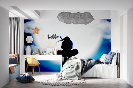 Ninja wallpaper in modern teen bedroom showing moonlit silhouette design creating cozy atmosphere