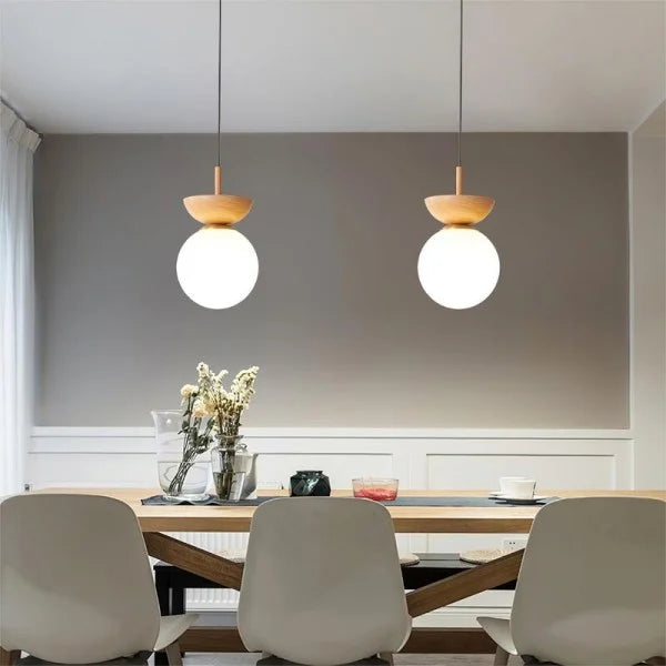 Nordic Pendant Light  Wood and Glass Semi-Dome Design - Detailed view
