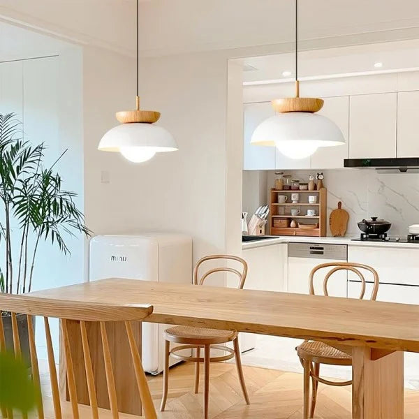Nordic Pendant Light  Wood and Glass Semi-Dome Design - Product showcase