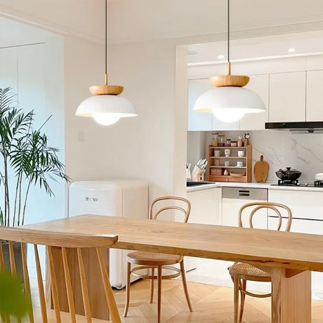 Nordic Pendant Light  Wood and Glass Semi-Dome Design - Product showcase