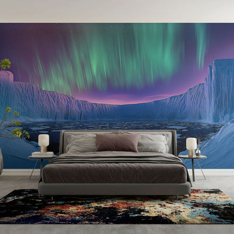 Northern Lights wallpaper mural creating a magical atmosphere in a modern bedroom with soft ambient lighting