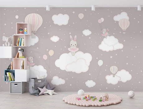 Dancing Bunnies nursery wallpaper creating a magical atmosphere in a peaceful nursery with white furniture