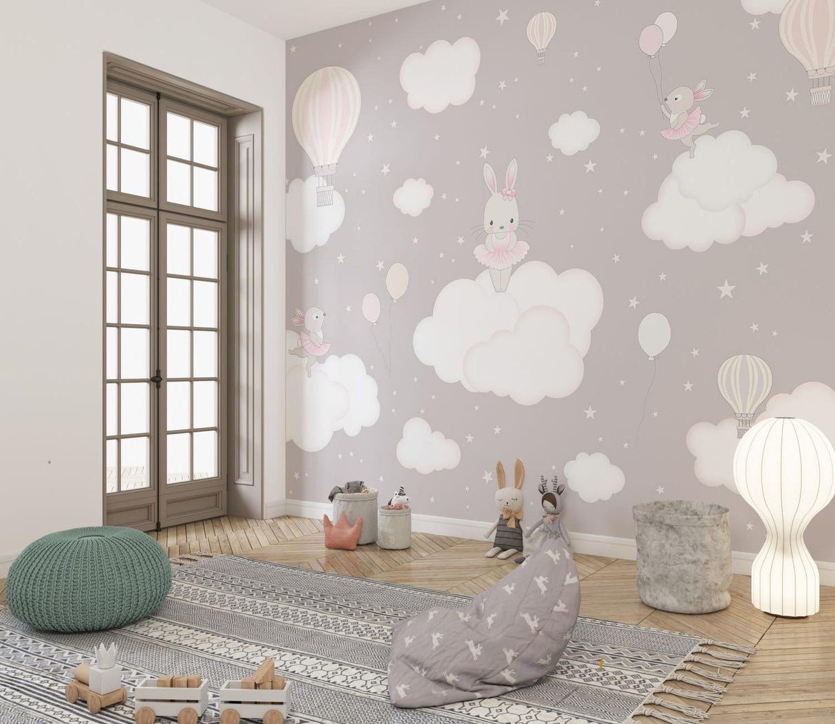 Hot air balloon nursery wallpaper bringing whimsy to a reading nook with rocking chair