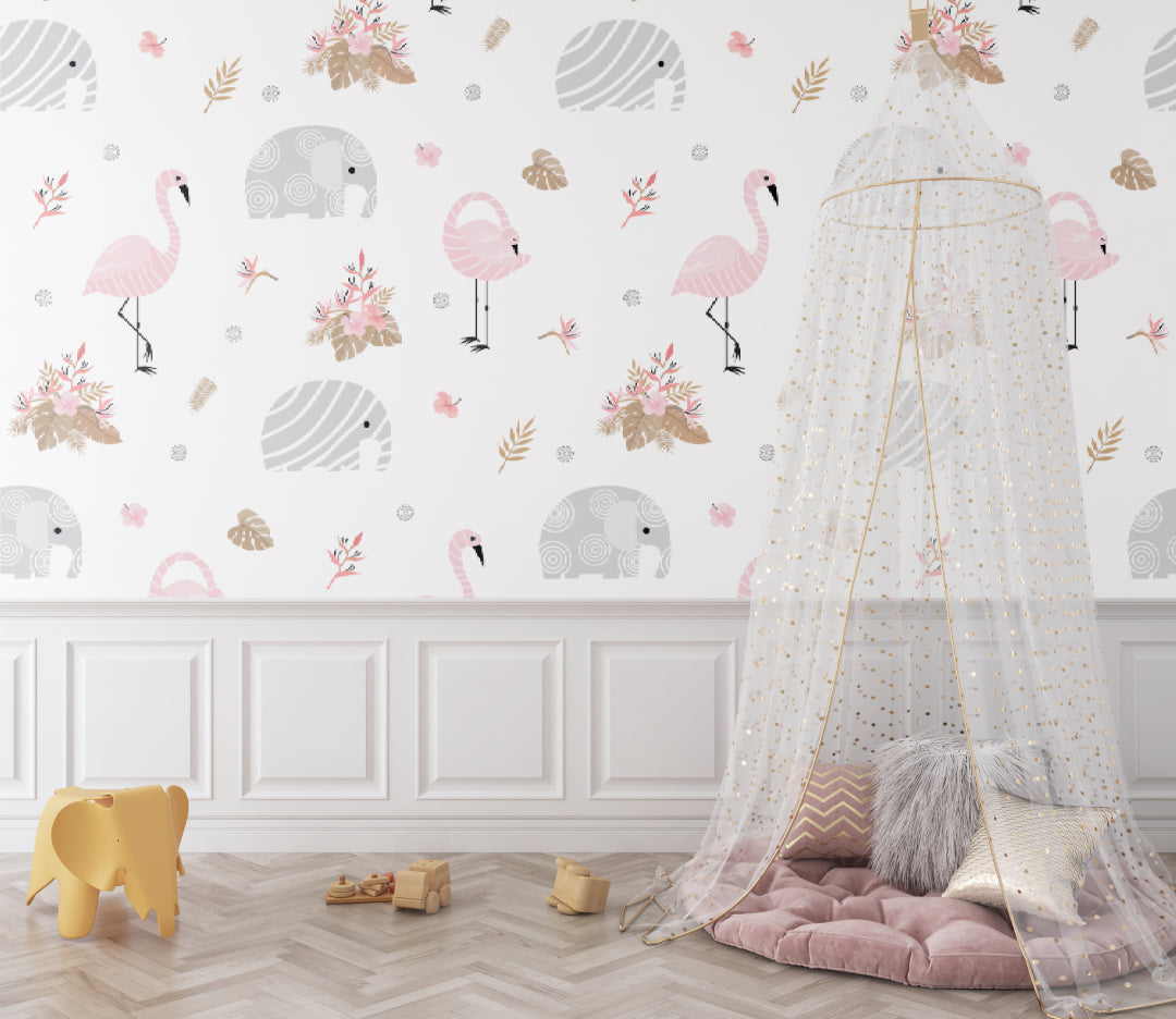 Safari nursery wallpaper creating a cozy reading nook with pink and grey accents