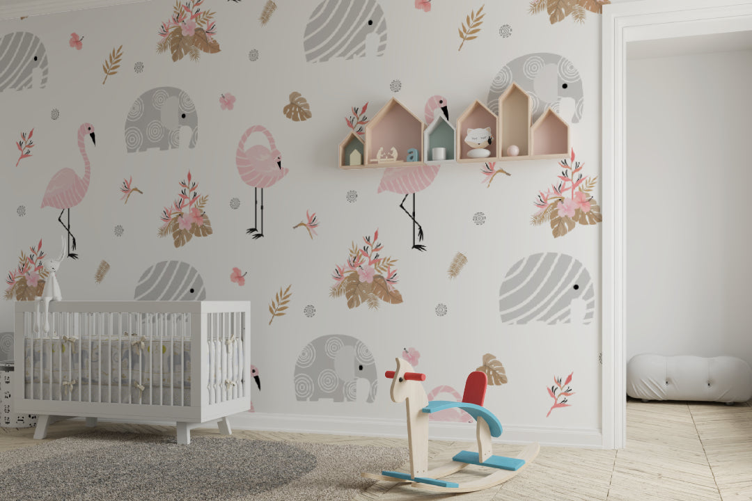 Baby girl's room featuring flamingo wallpaper with matching pink curtains and white crib