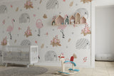 Baby girl's room featuring flamingo wallpaper with matching pink curtains and white crib
