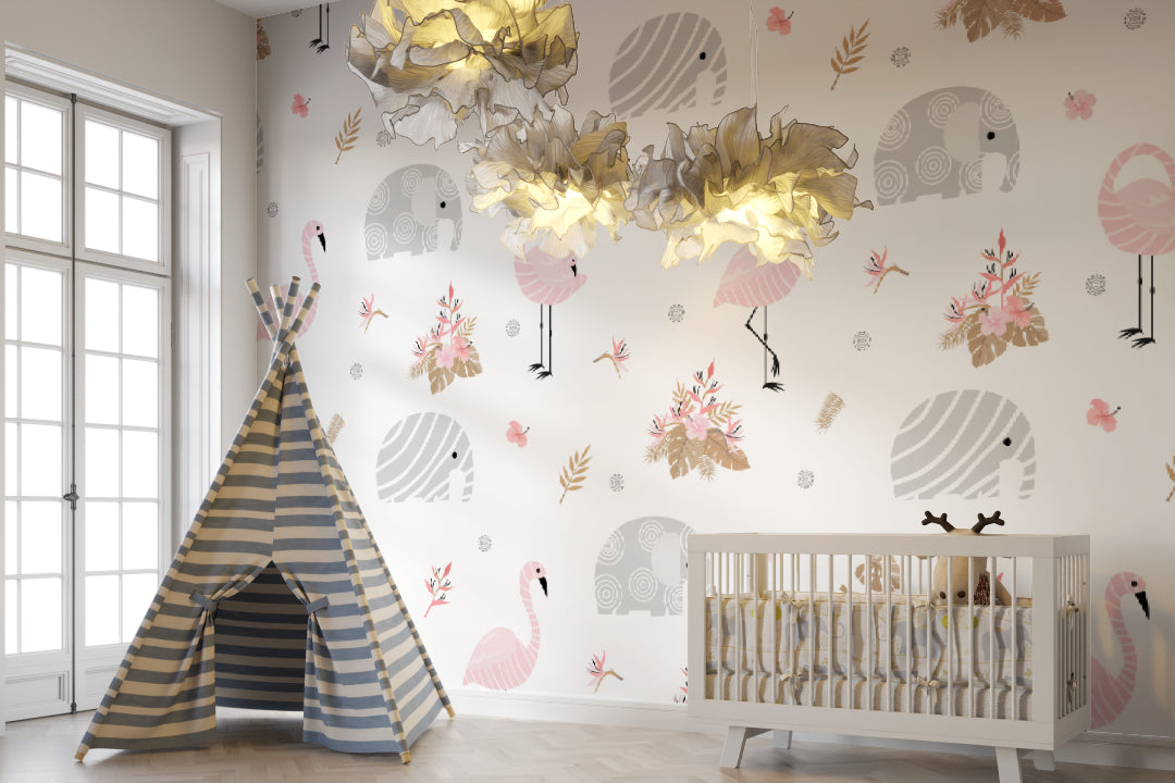 Pink nursery wallpaper installation showing scale of flamingo and elephant design
