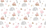 Design file showing detailed pink flamingo and grey elephant pattern with golden palm leaves
