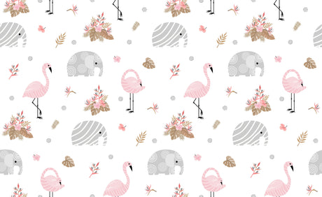 Design file showing detailed pink flamingo and grey elephant pattern with golden palm leaves