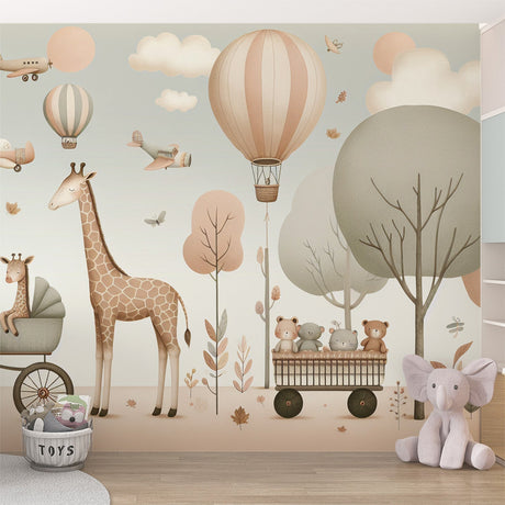 Safari nursery wallpaper with hot air balloons shown in a bright modern nursery with white furniture and natural light