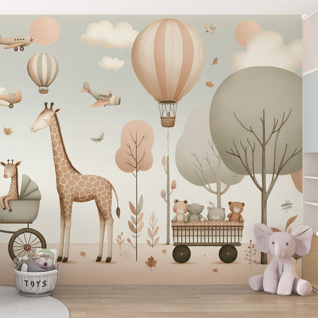 Safari nursery wallpaper with hot air balloons shown in a bright modern nursery with white furniture and natural light