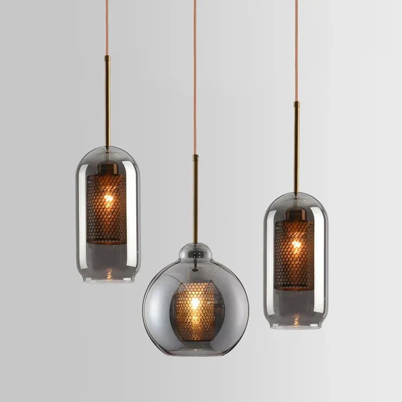 Modern Glass Pendant Light  Gold Mesh Iron Shade - Product example